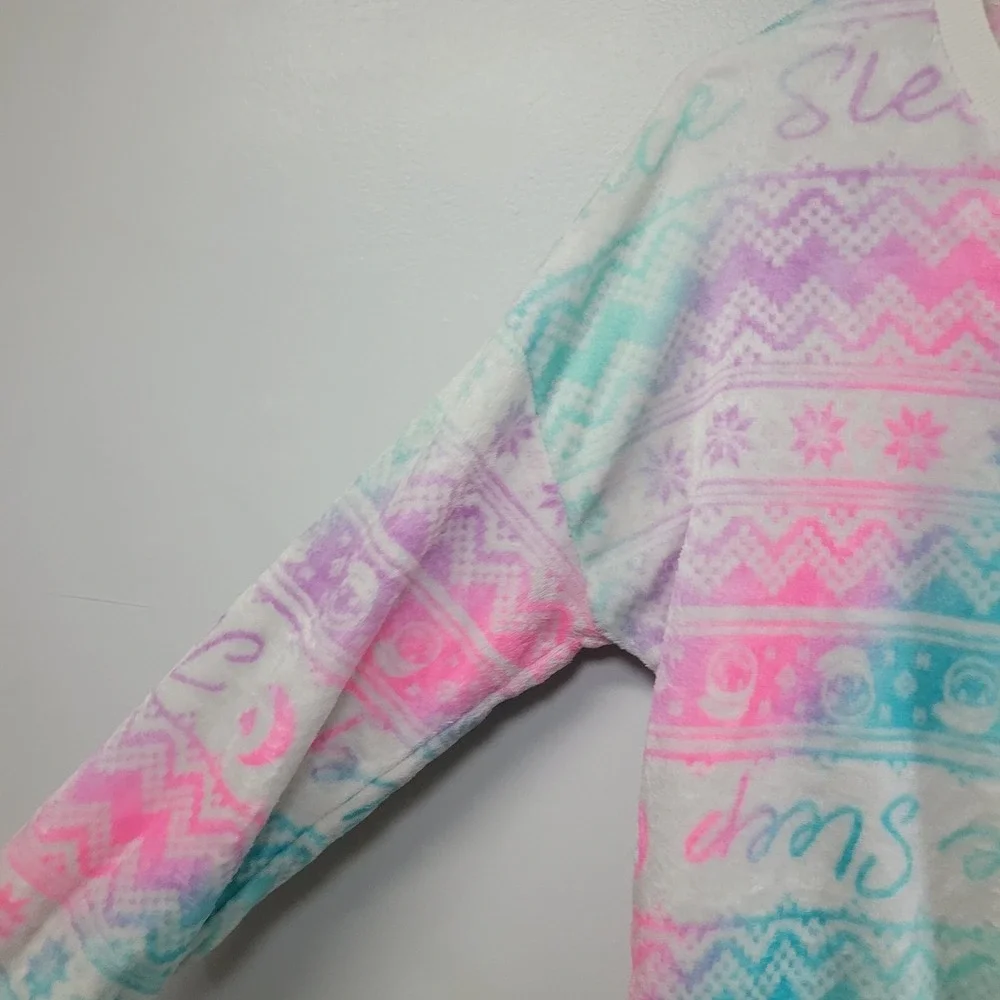 Justice Girls XL 16/18 Sleep Sweatshirt Pink Blue Tie Dye Fair Isle Fleece Top